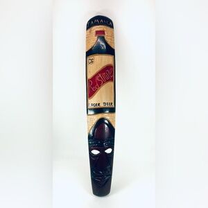 Hand Carved Wooden Tiki Red Stripe Beer Bottle Jamaica Man Cave Bar Folk Art 21"